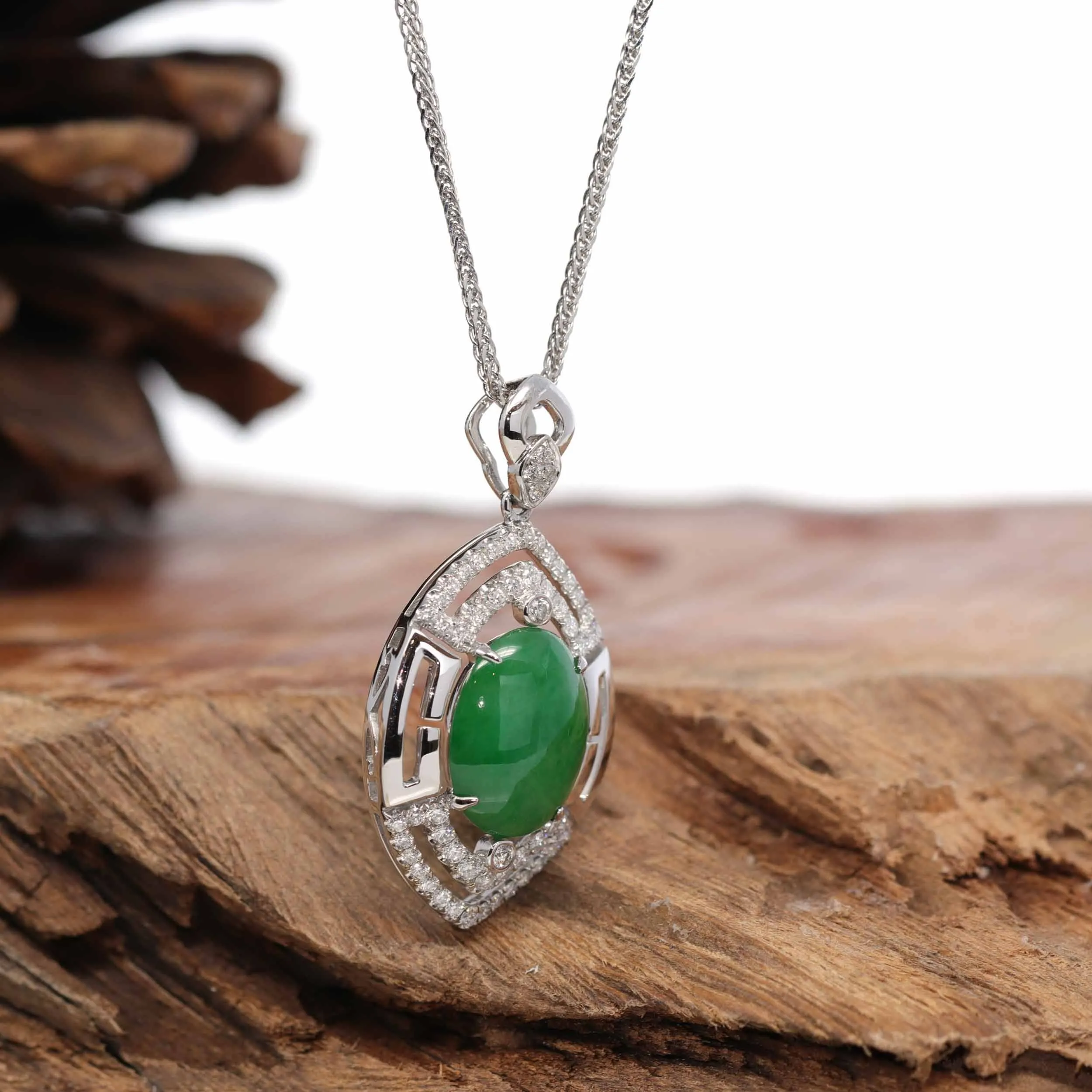 18K White Gold Oval Imperial Jadeite Jade Cabochon Necklace with Diamonds