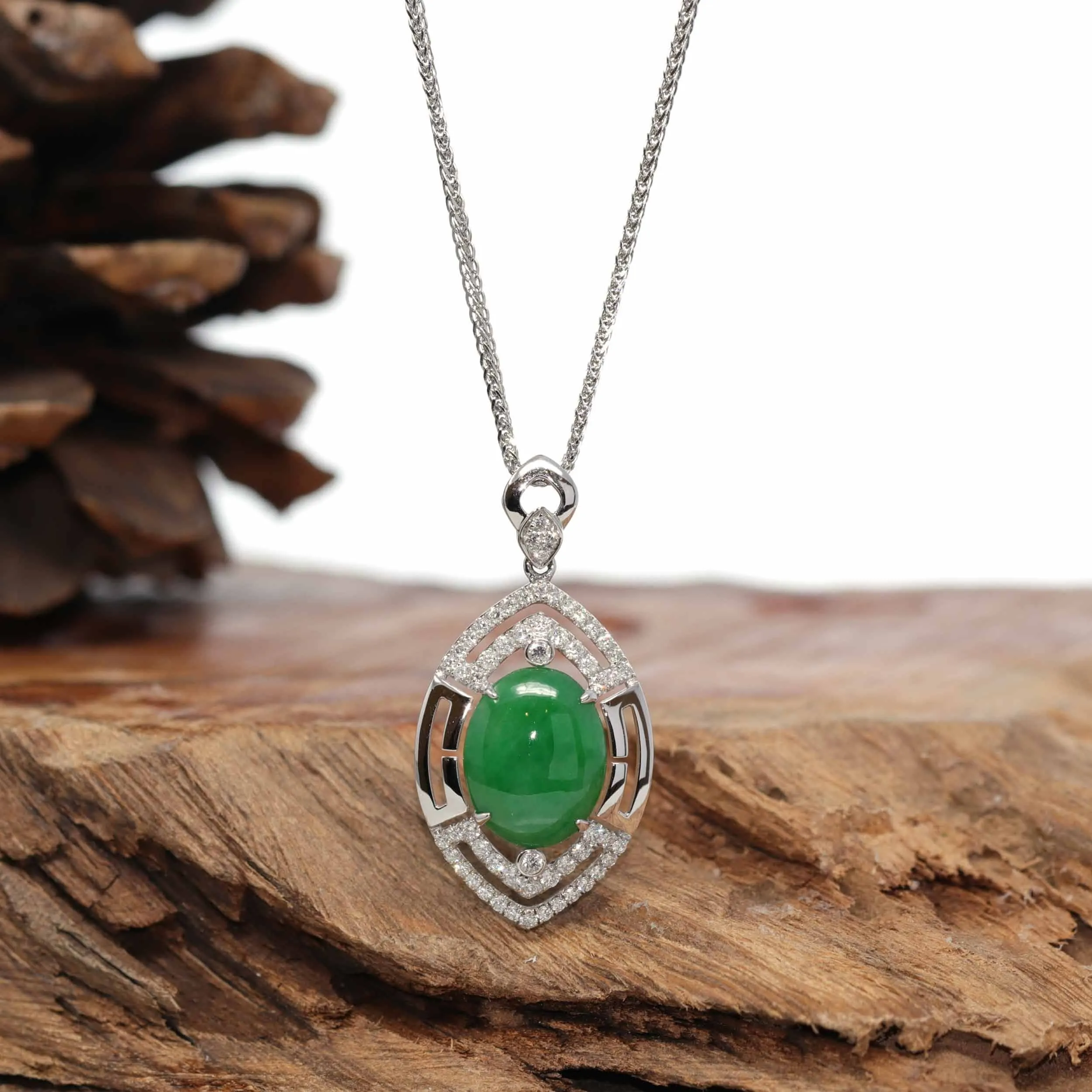 18K White Gold Oval Imperial Jadeite Jade Cabochon Necklace with Diamonds