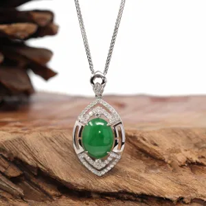 18K White Gold Oval Imperial Jadeite Jade Cabochon Necklace with Diamonds