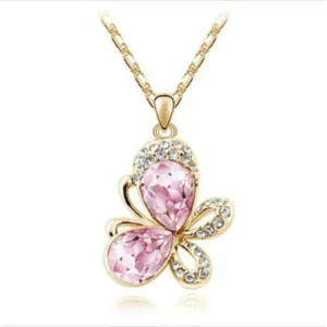 18K White Gold Plated Butterfly Necklace Pink Topaz CZ Butterfly