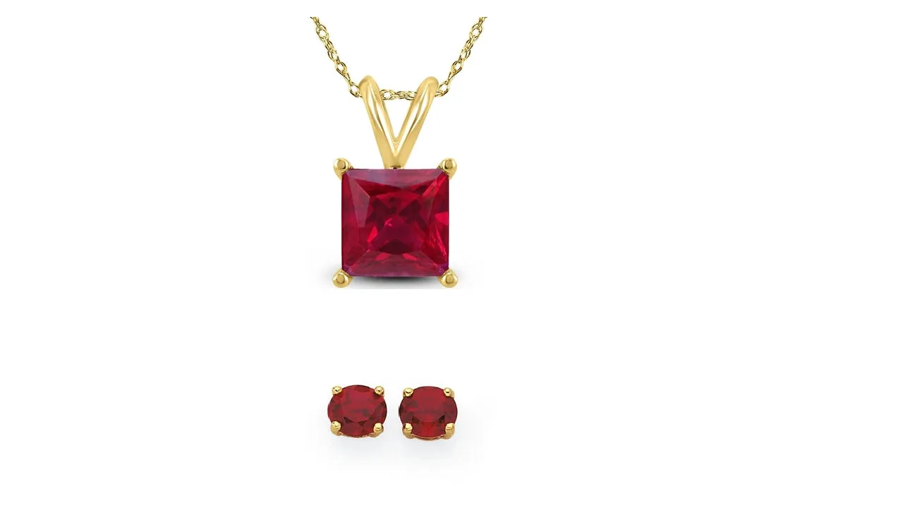 18K Yellow Gold 1ct Ruby Square 18 Inch Necklace and Round Earrings Set Plated