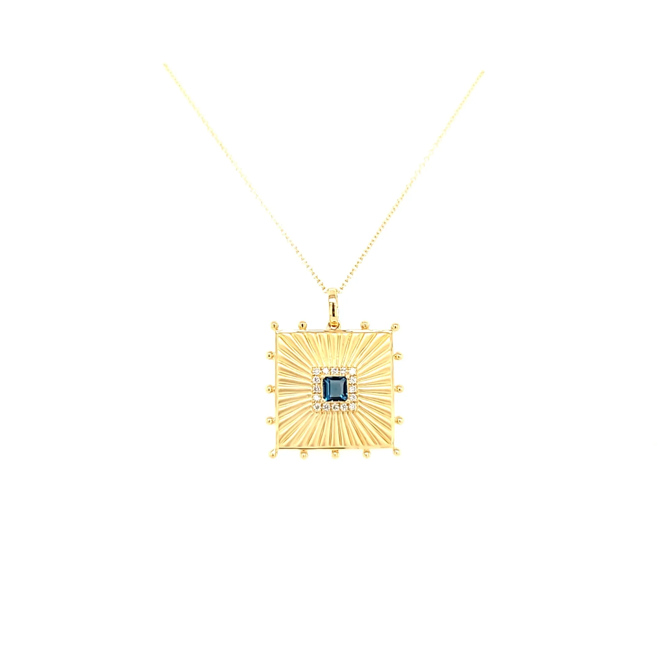 18k Yellow Gold London Blue Topaz Medallion Necklace (I7730)