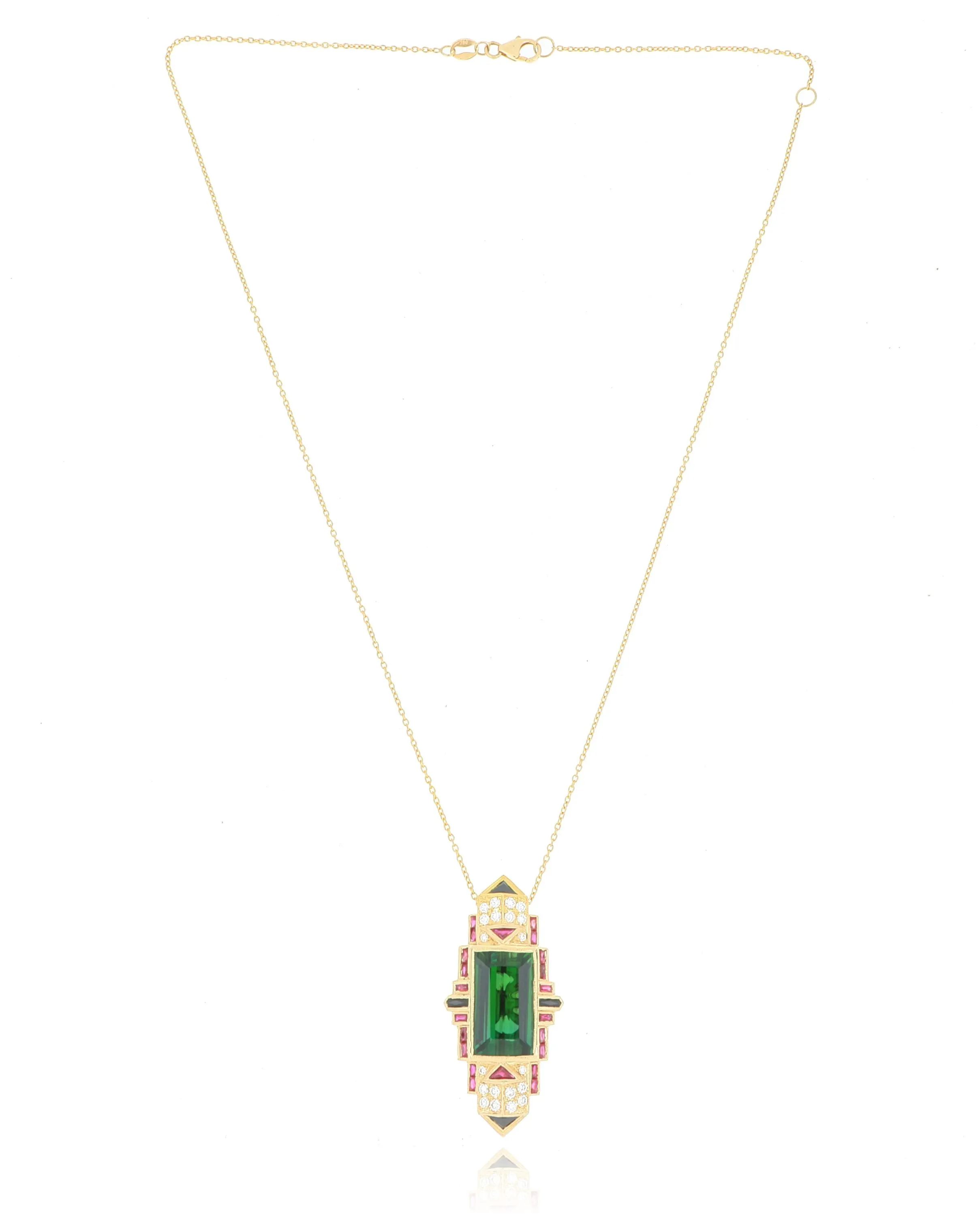 18k Yellow Gold Ruby, Onyx and Tourmaline Deco Drop Necklace