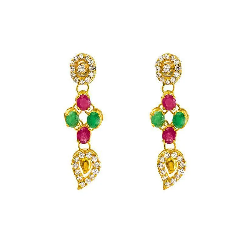 22K Gold Ruby Emerald CZ Necklace and Earrings Set