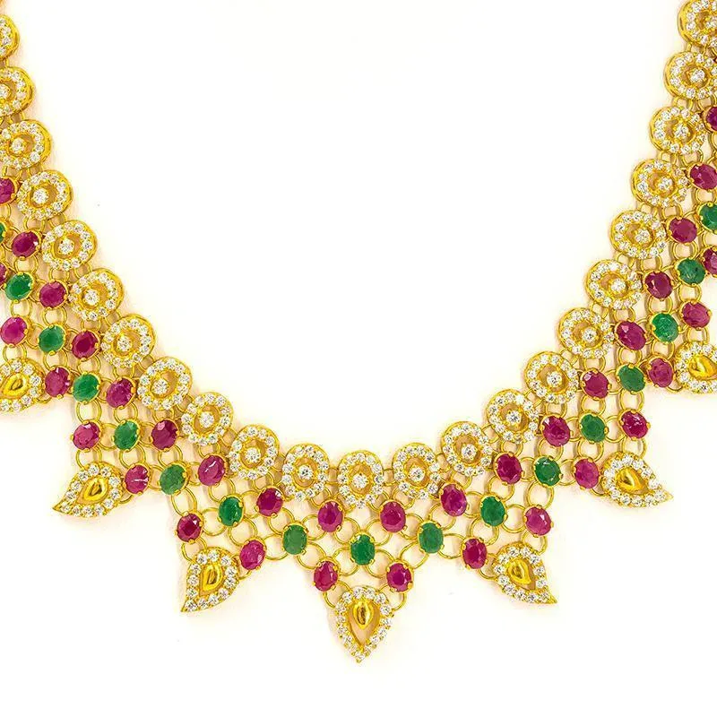 22K Gold Ruby Emerald CZ Necklace and Earrings Set