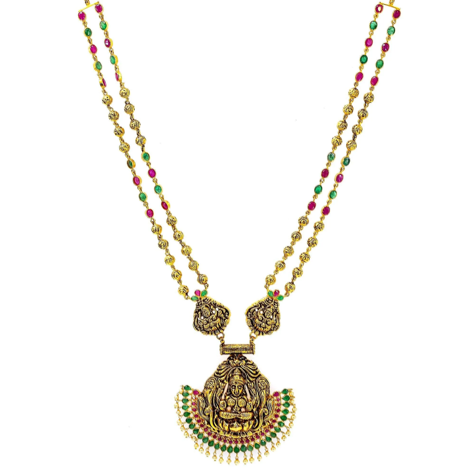 22K Yellow Antique Gold Laxmi Haaram Necklace W/ Emeralds, Rubies, Pearls & Ornate Fan Design