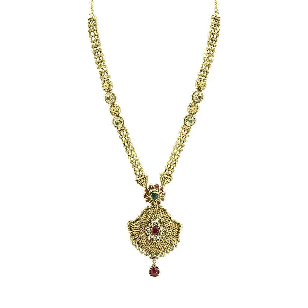 22K Yellow Gold Necklace & Jhumki Earrings Set W/ Kundan & Beaded Three Strand Necklace