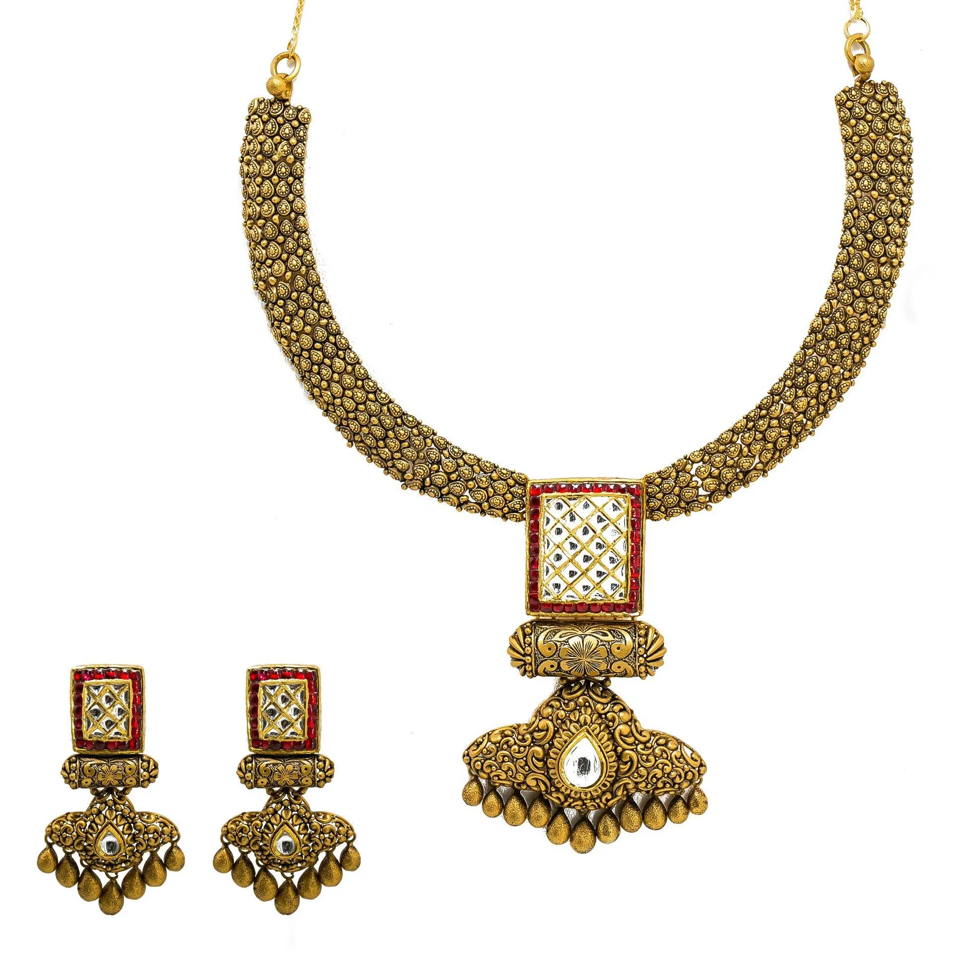 22K Yellow Gold Temple Necklace & Earring Set W/ Kundan & Rubies on Jewelled Double Drop Square Pendant