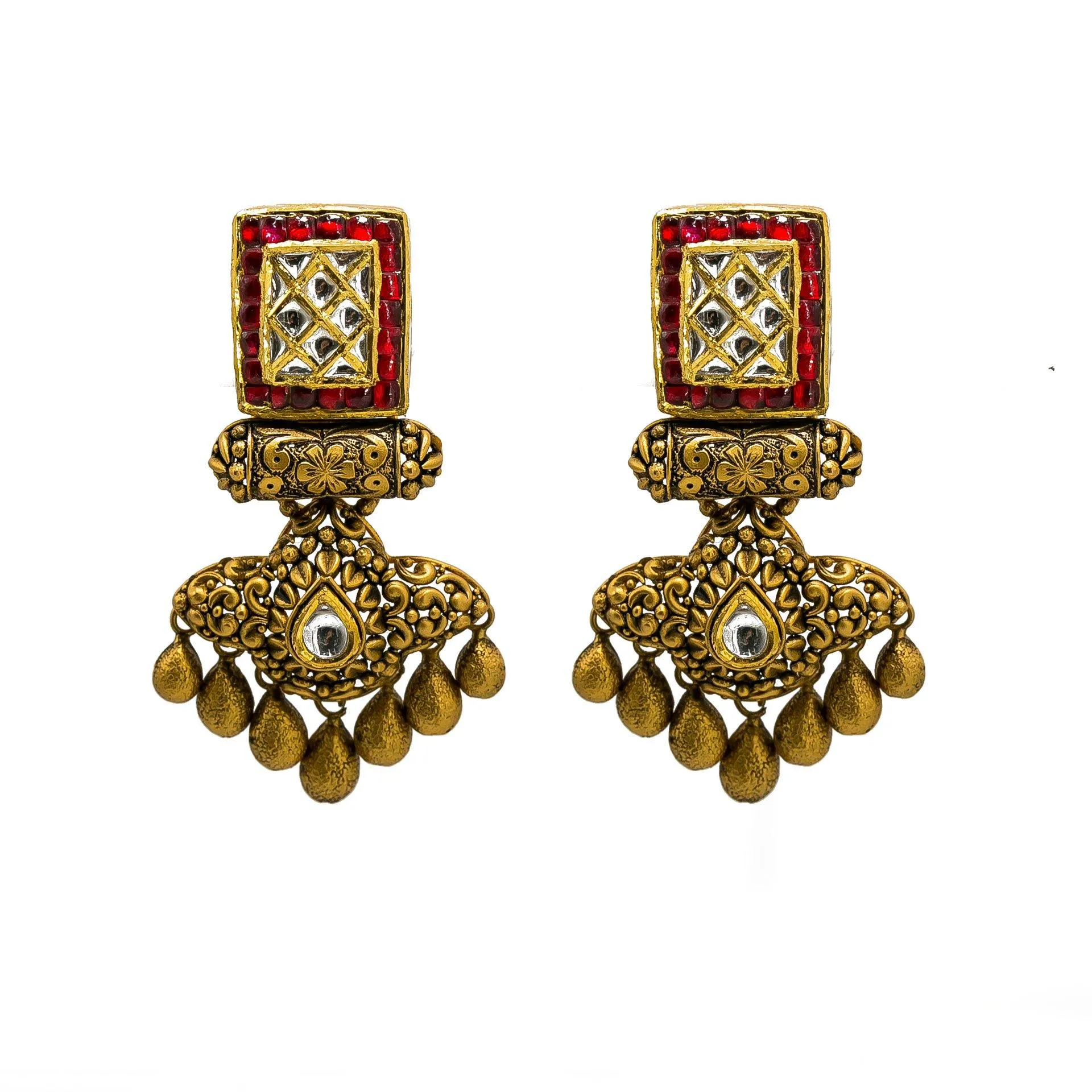 22K Yellow Gold Temple Necklace & Earring Set W/ Kundan & Rubies on Jewelled Double Drop Square Pendant