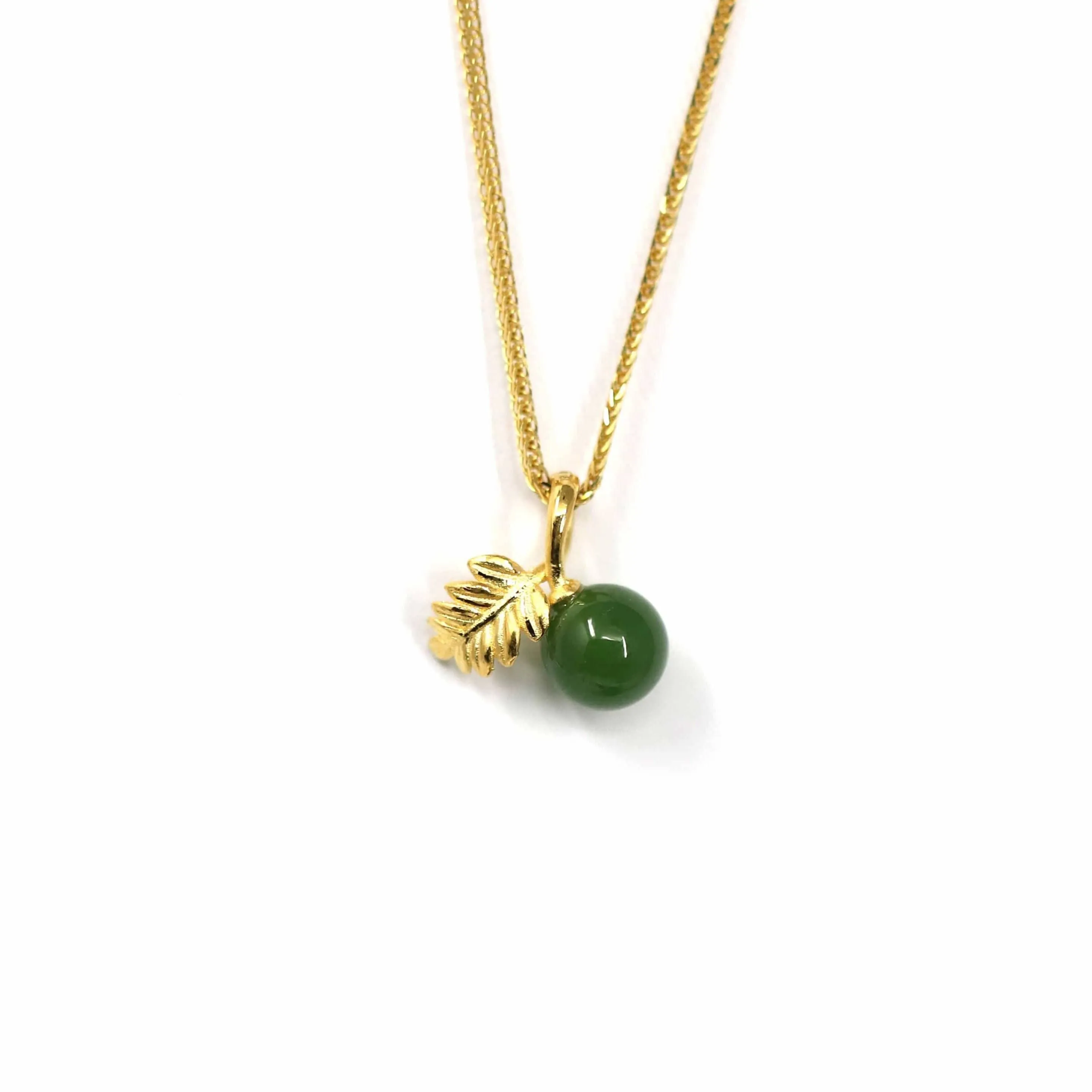 24k Yellow Gold Genuine Green Jade Bead With Ginkgo Leaf Pendant Necklace