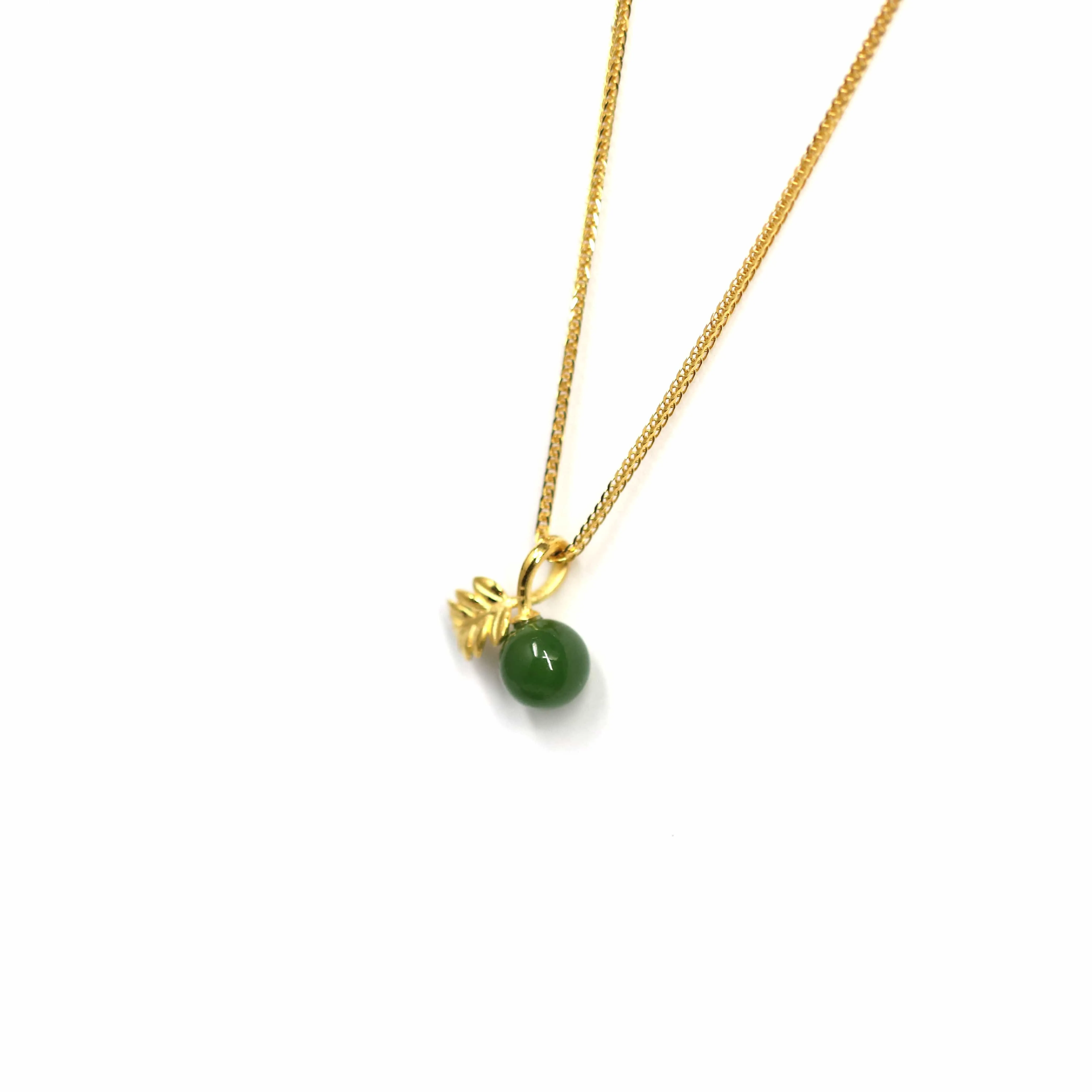 24k Yellow Gold Genuine Green Jade Bead With Ginkgo Leaf Pendant Necklace