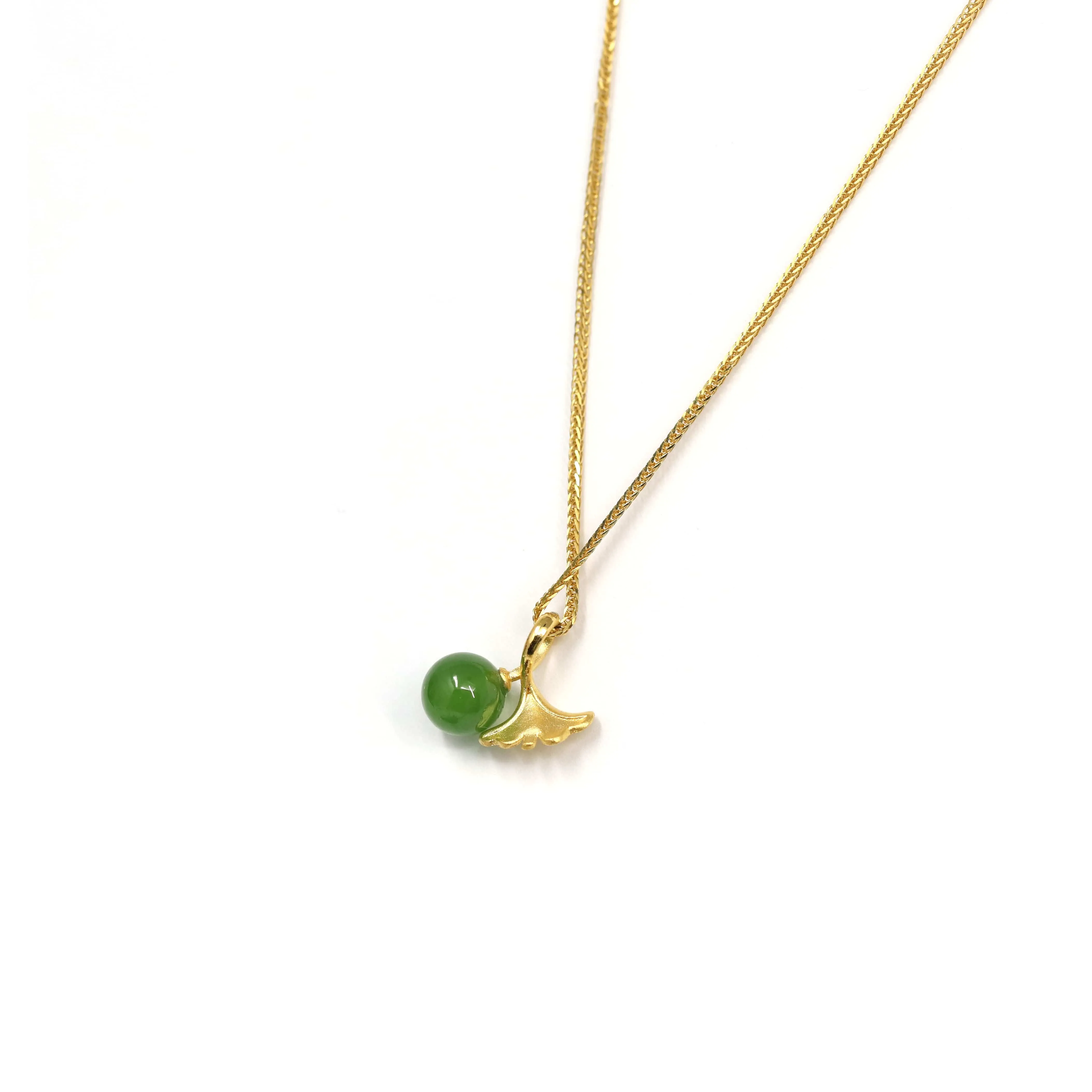 24k Yellow Gold Genuine Green Jade Bead With Ginkgo Leaf Pendant Necklace