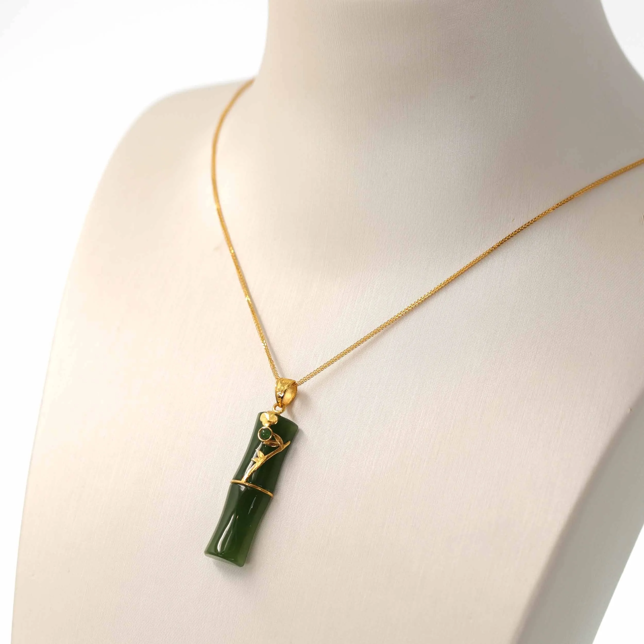 24k Yellow Gold Genuine Nephrite Apple Green Jade Bamboo Pendant Necklace