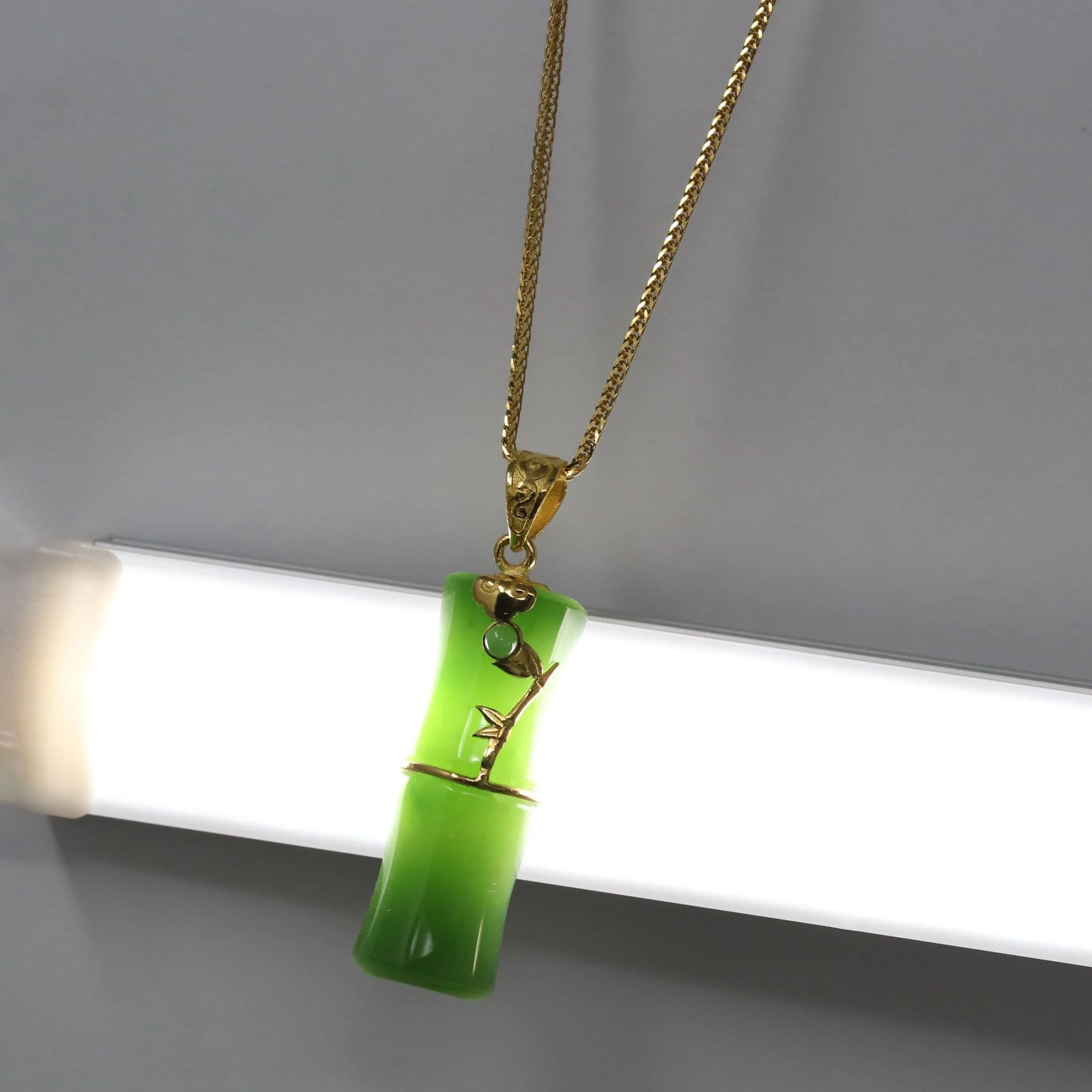 24k Yellow Gold Genuine Nephrite Apple Green Jade Bamboo Pendant Necklace