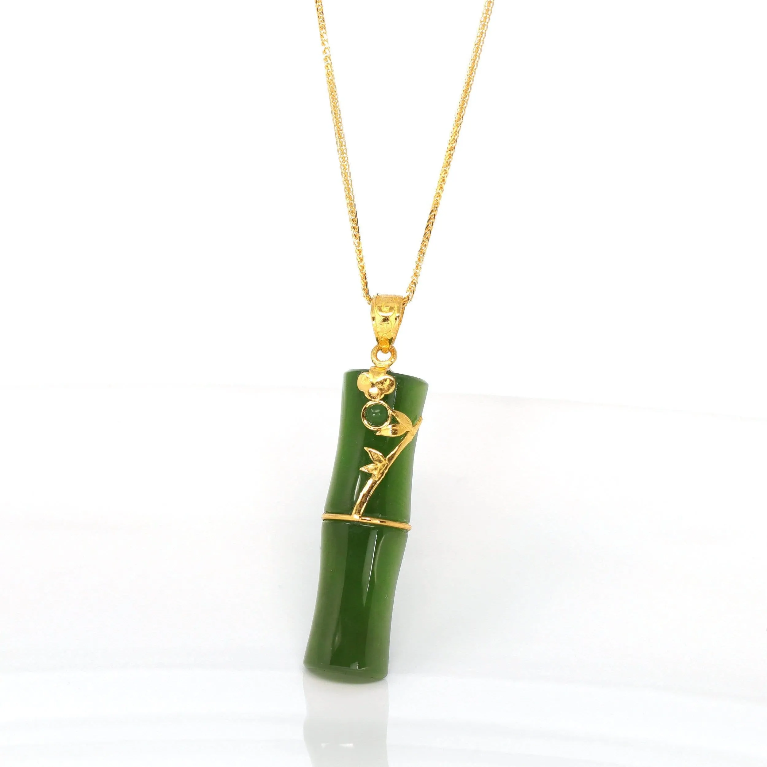 24k Yellow Gold Genuine Nephrite Apple Green Jade Bamboo Pendant Necklace