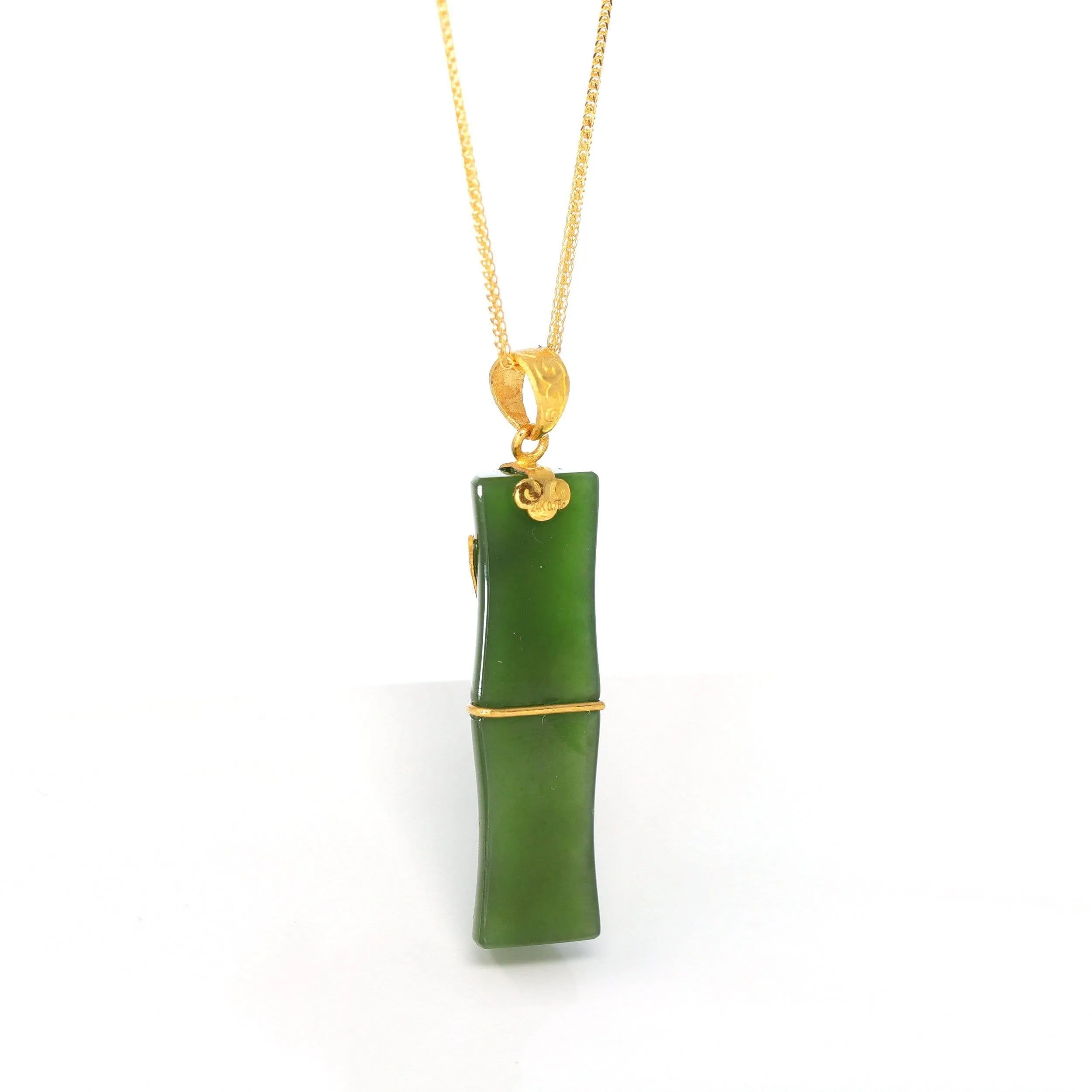 24k Yellow Gold Genuine Nephrite Apple Green Jade Bamboo Pendant Necklace