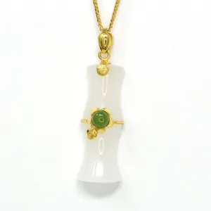 24k Yellow Solid Gold Genuine Nephrite White & Green Jade Bamboo Pendant Necklace(N2)