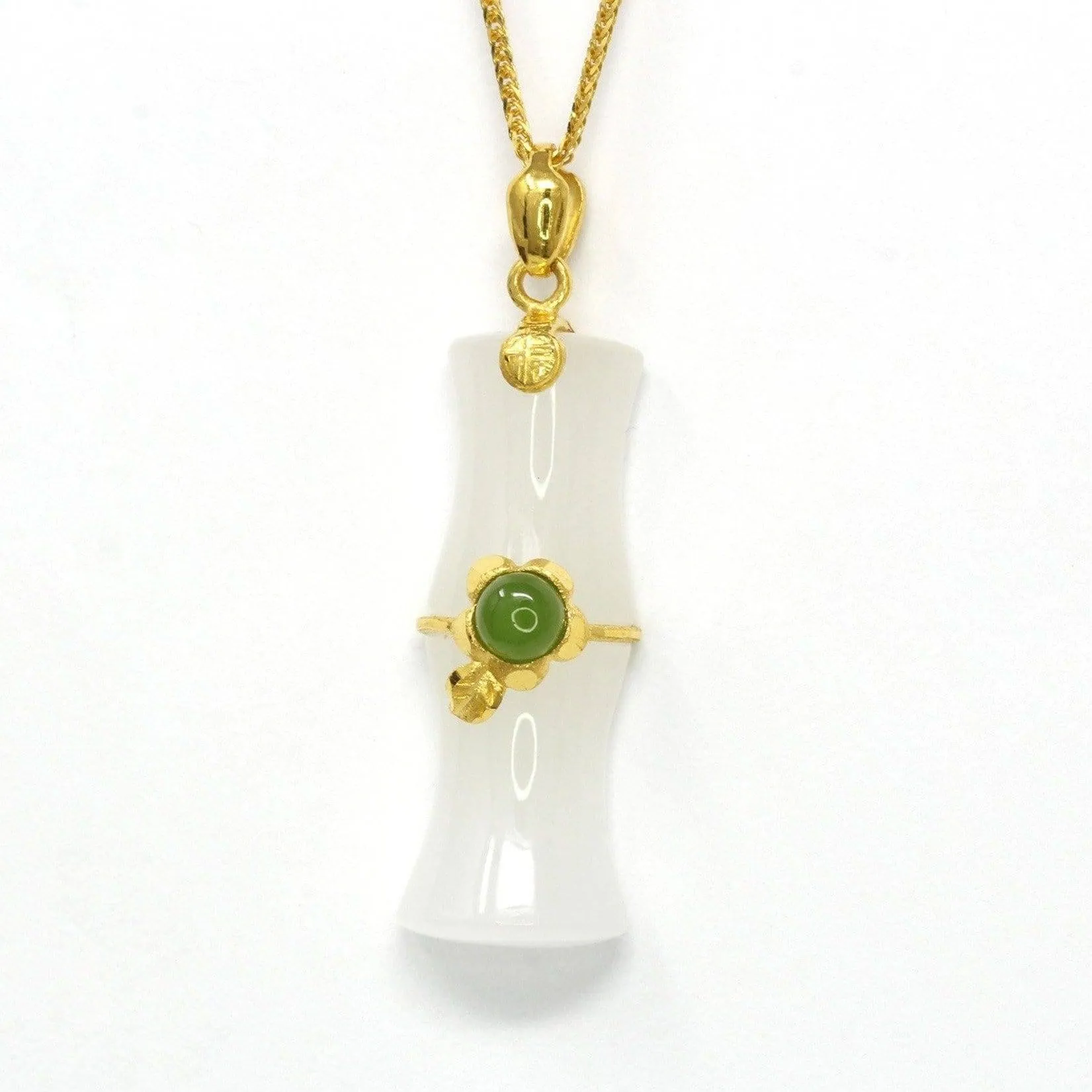 24k Yellow Solid Gold Genuine Nephrite White & Green Jade Bamboo Pendant Necklace(N2)