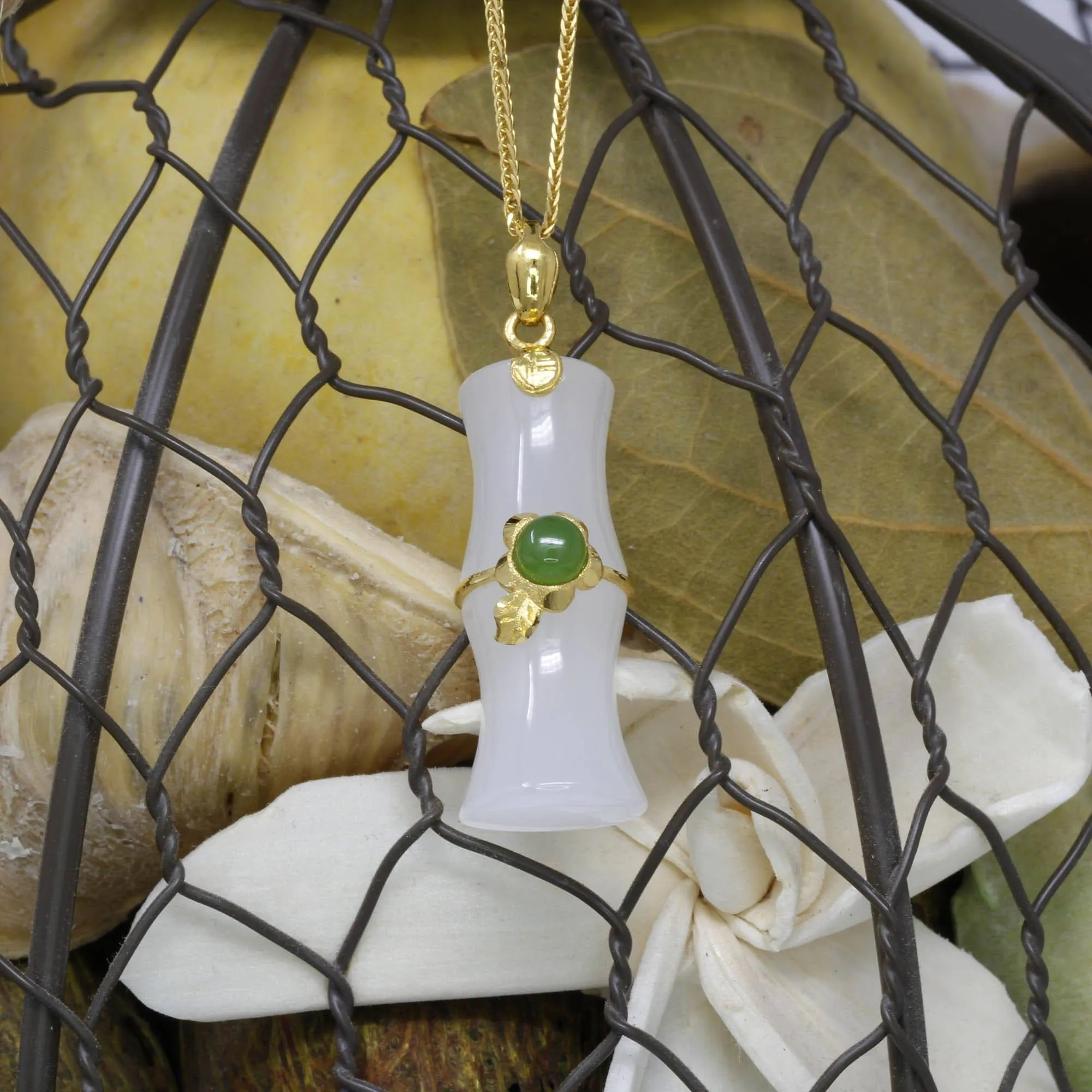 24k Yellow Solid Gold Genuine Nephrite White & Green Jade Bamboo Pendant Necklace(N2)