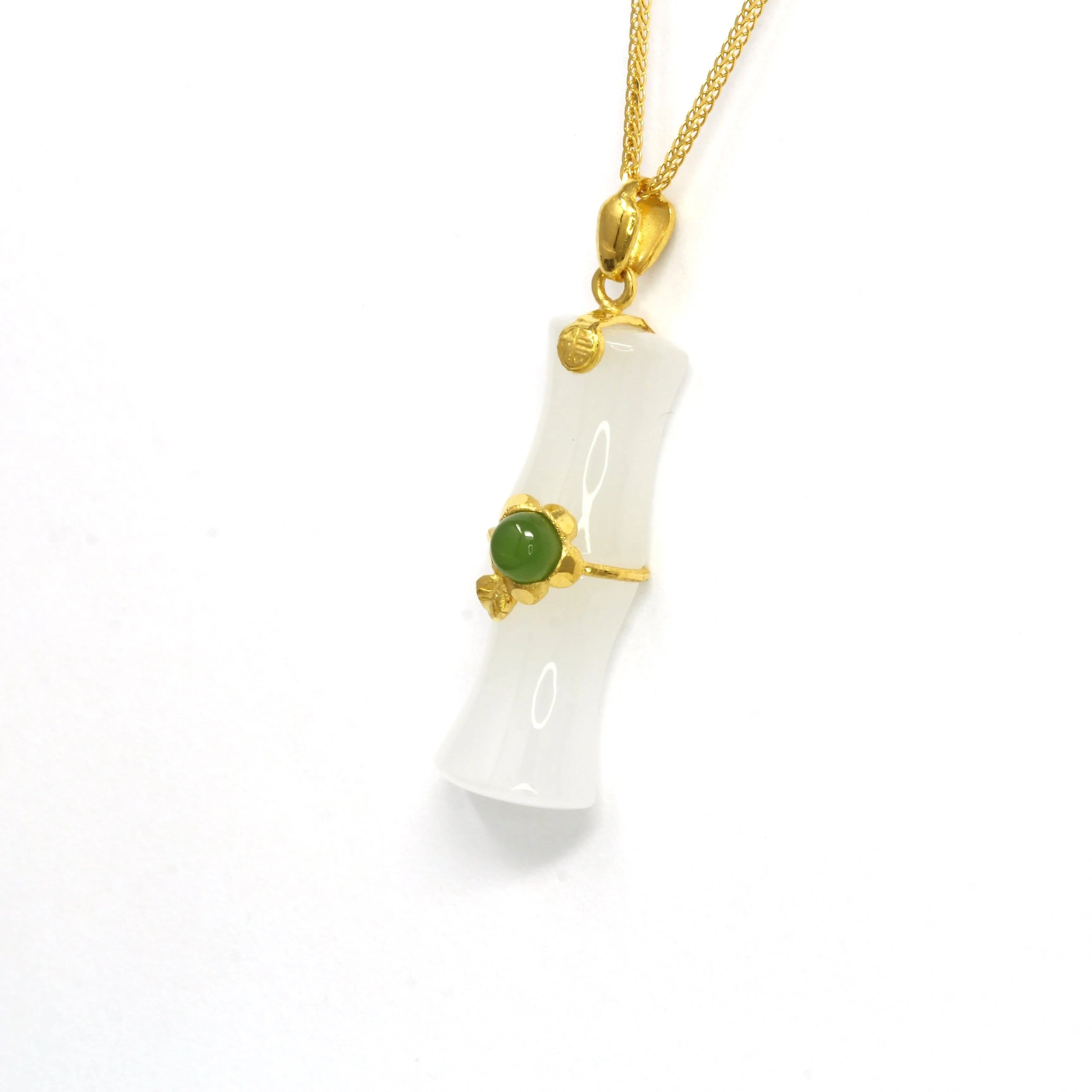 24k Yellow Solid Gold Genuine Nephrite White & Green Jade Bamboo Pendant Necklace(N2)