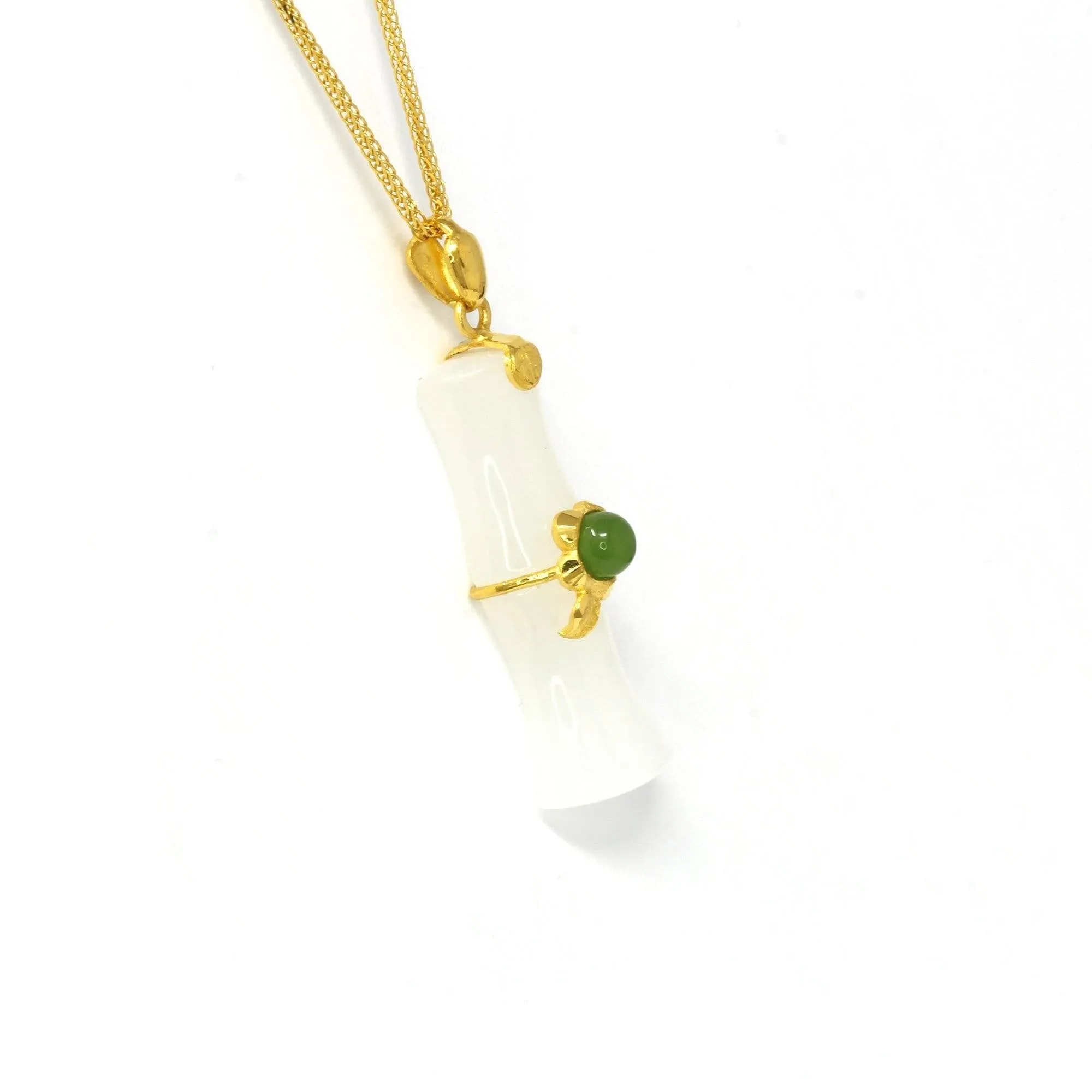 24k Yellow Solid Gold Genuine Nephrite White & Green Jade Bamboo Pendant Necklace(N2)