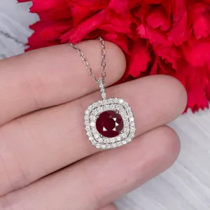 2ct NATURAL RUBY DIAMOND PENDANT DOUBLE HALO NECKLACE ROUND CUT CUSHION SHAPE