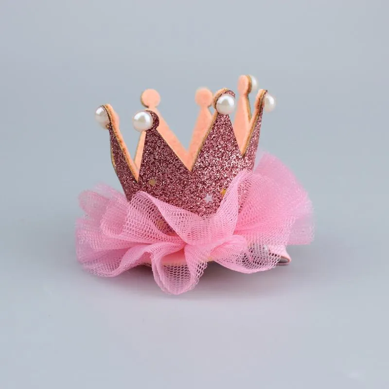 2" Pink Glitter Pearled Crown Hair Clip