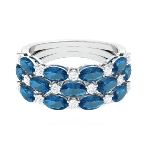 3 CT Oval London Blue Topaz Three Row Wedding Band Ring with Diamond