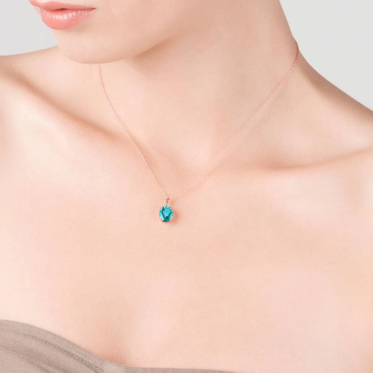 3.12 Carat 14K Solid Rose Gold Solo Oval Blue Topaz Necklace