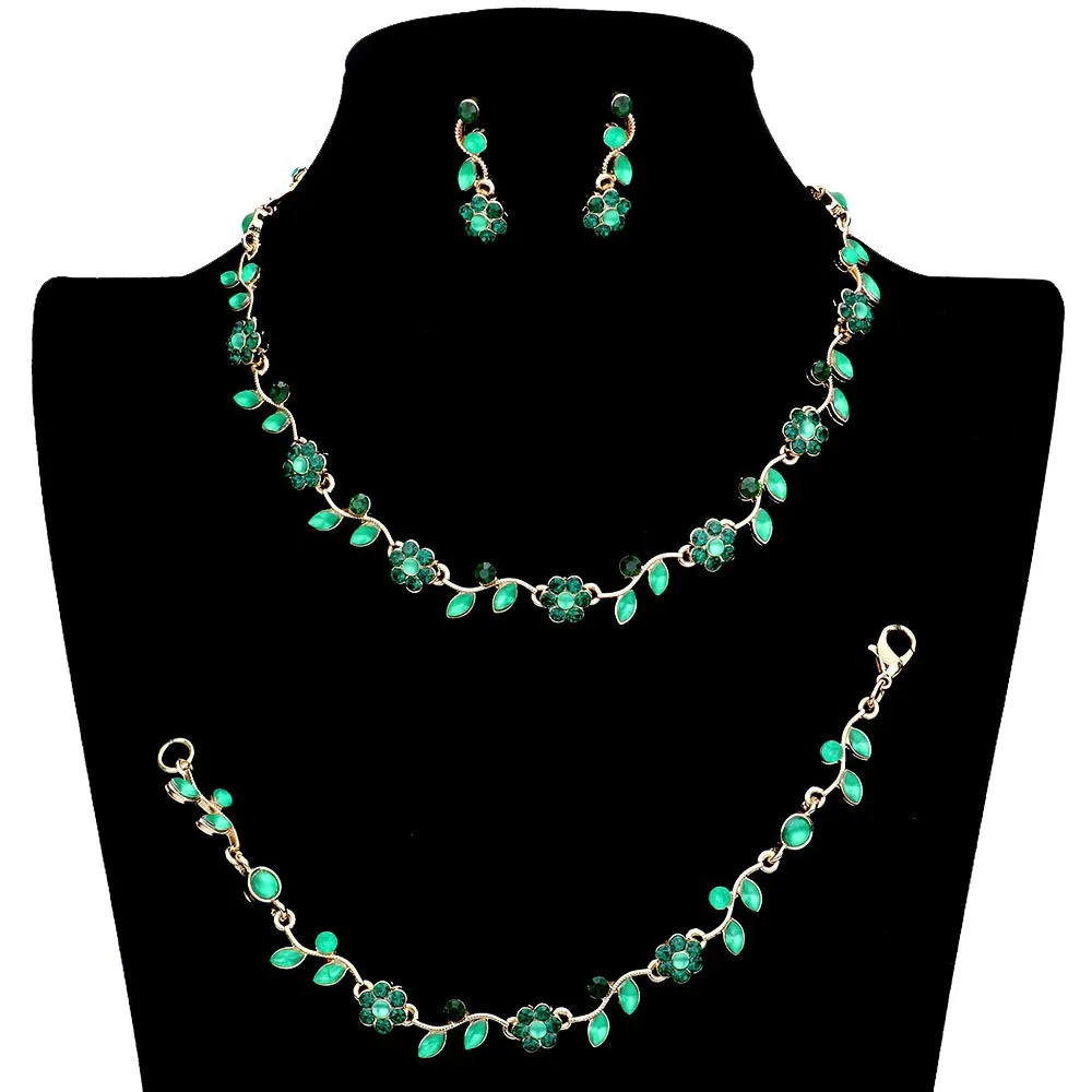 3PCS Flower Leaf Cluster Rhinestone Necklace Jewelry Set