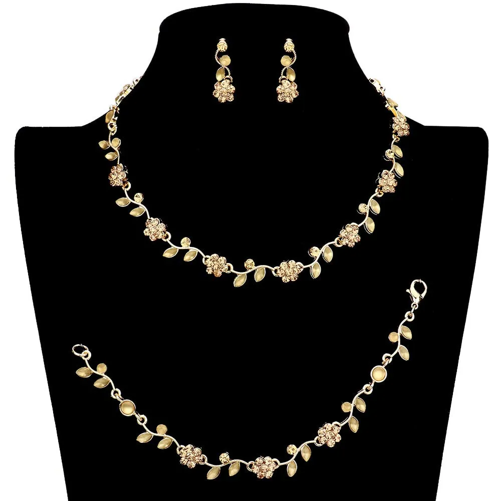 3PCS Flower Leaf Cluster Rhinestone Necklace Jewelry Set