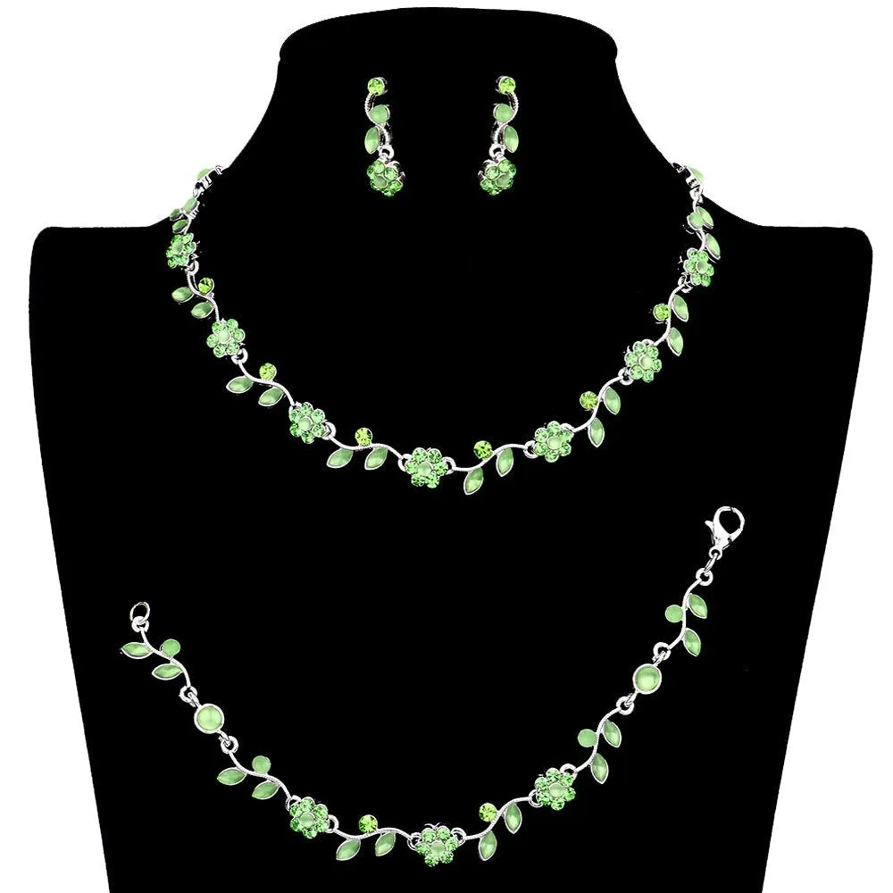 3PCS Flower Leaf Cluster Rhinestone Necklace Jewelry Set