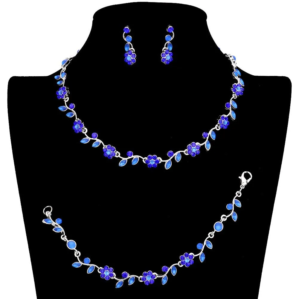 3PCS Flower Leaf Cluster Rhinestone Necklace Jewelry Set