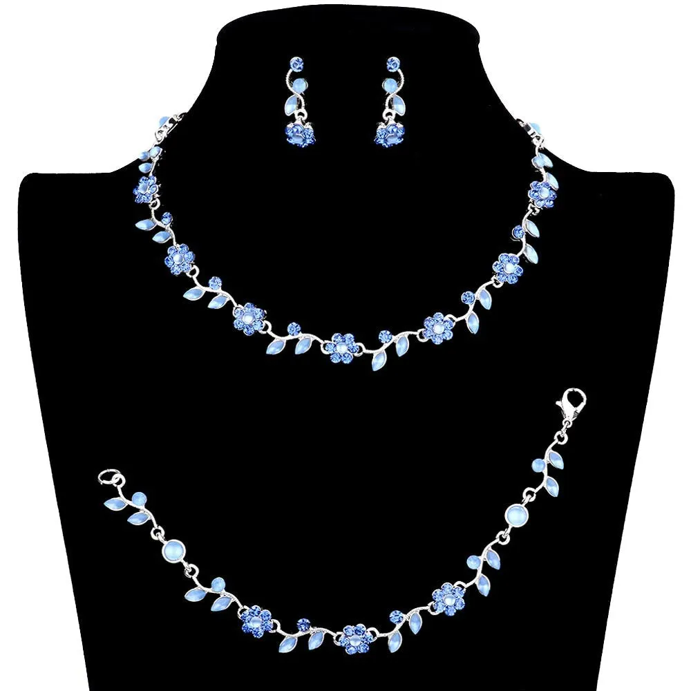 3PCS Flower Leaf Cluster Rhinestone Necklace Jewelry Set