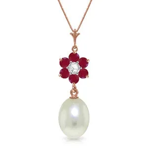 4.53 Carat 14K Solid Rose Gold Necklace Natural Pearl, Ruby Diamond