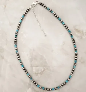 5mm Navajo Pearls & Blue Turquoise Necklace Sterling Silver