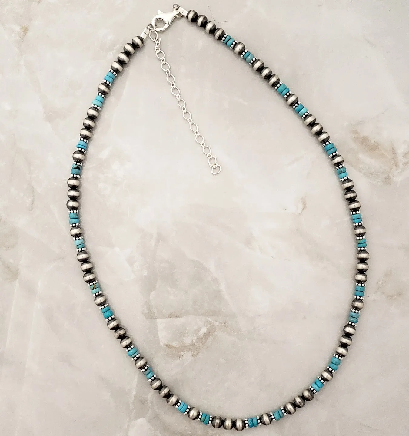 5mm Navajo Pearls & Blue Turquoise Necklace Sterling Silver