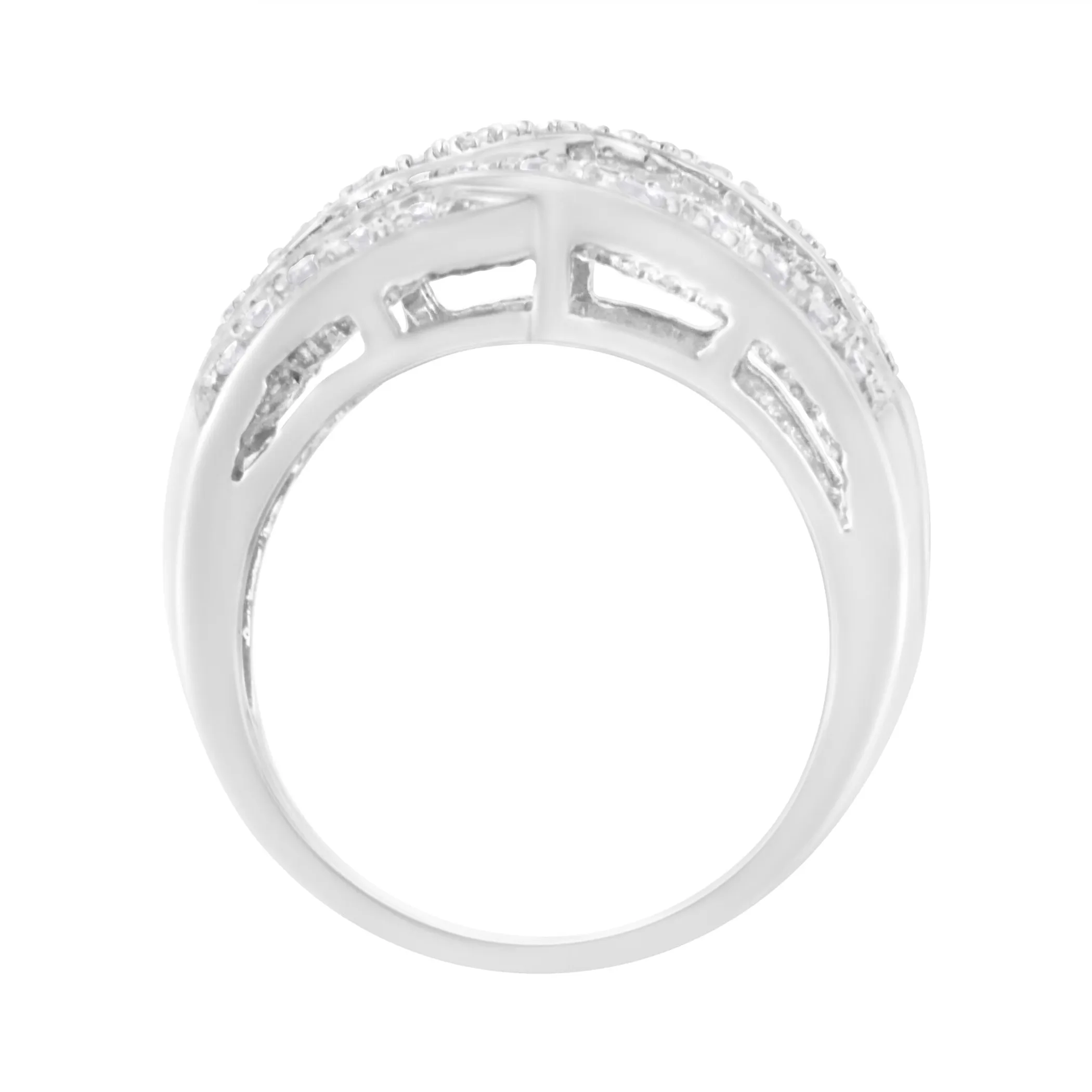 .925 Sterling Silver 1.0 Cttw Channel Set Alternating Round and Baguette Diamond Cross-over Bypass Ring Band (I-J Color, I2-I3 Clarity)