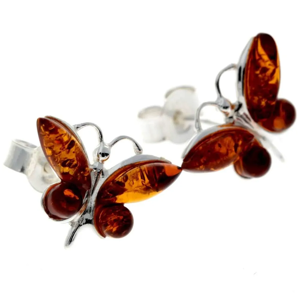 925 Sterling Silver & Baltic Amber Butterfly Studs Earrings - 8494