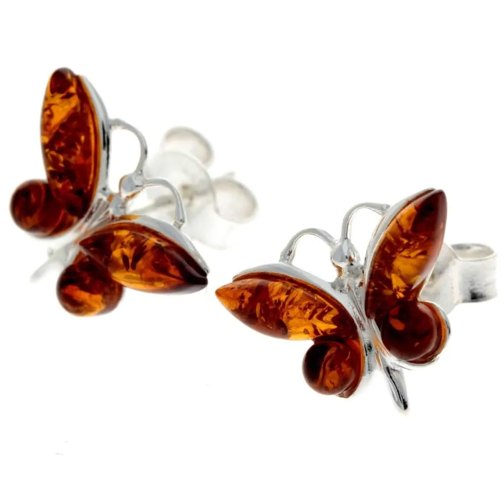 925 Sterling Silver & Baltic Amber Butterfly Studs Earrings - 8494