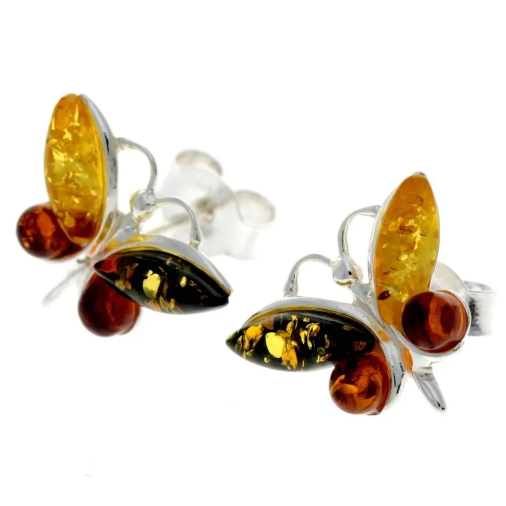 925 Sterling Silver & Baltic Amber Butterfly Studs Earrings - 8494