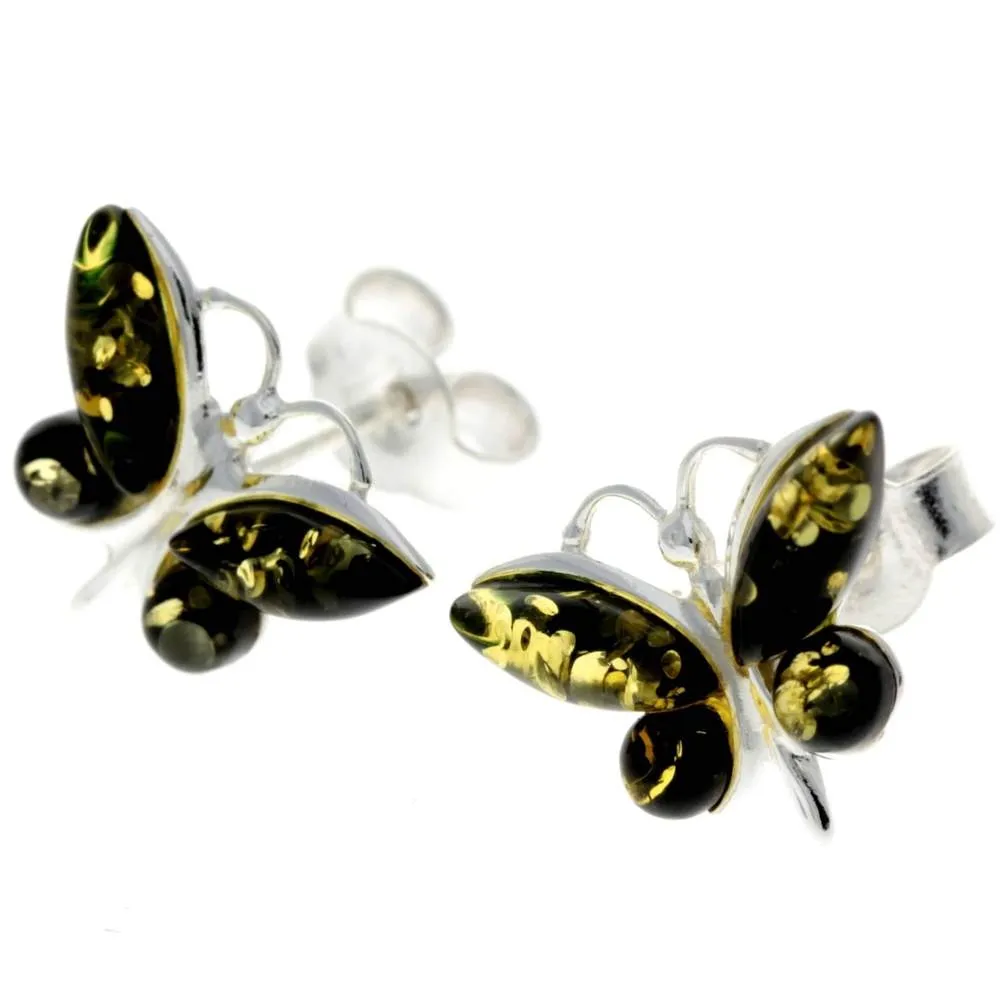 925 Sterling Silver & Baltic Amber Butterfly Studs Earrings - 8494