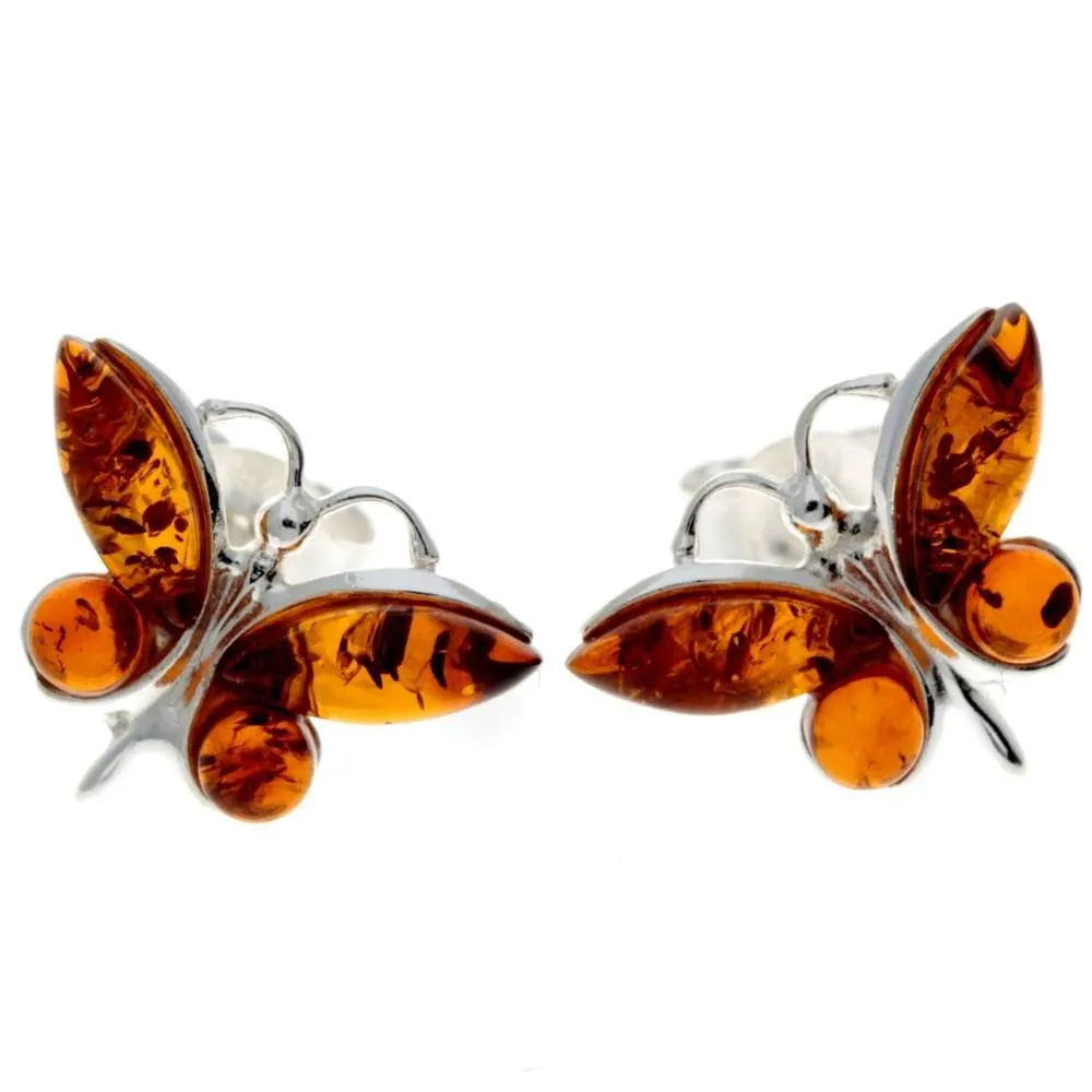 925 Sterling Silver & Baltic Amber Butterfly Studs Earrings - 8494