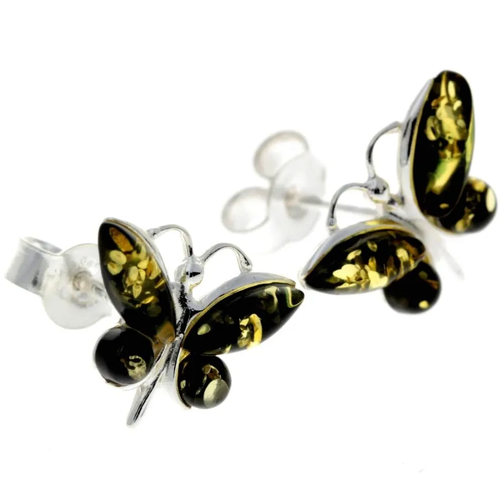 925 Sterling Silver & Baltic Amber Butterfly Studs Earrings - 8494