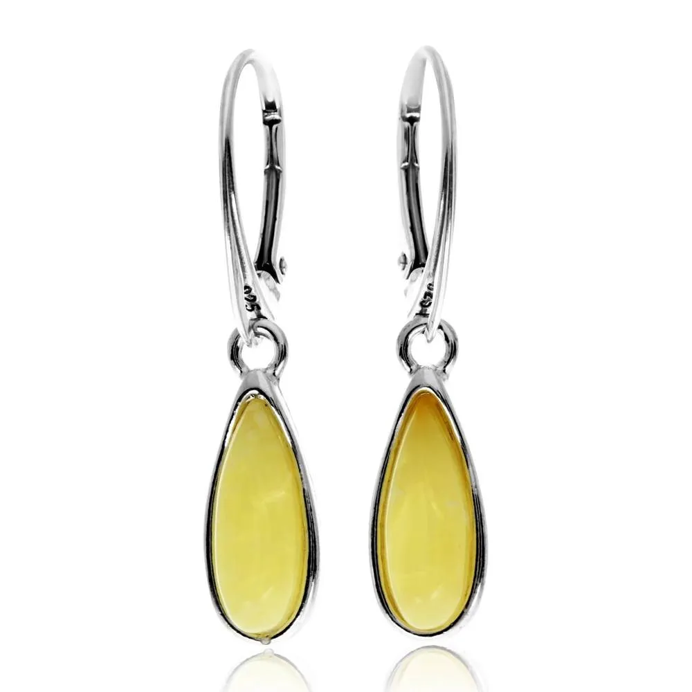 925 Sterling Silver & Baltic Amber Modern Teardrop Drop / Dangle Earrings - G030