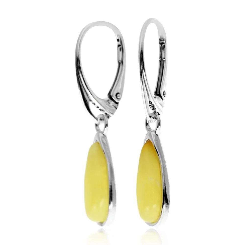 925 Sterling Silver & Baltic Amber Modern Teardrop Drop / Dangle Earrings - G030