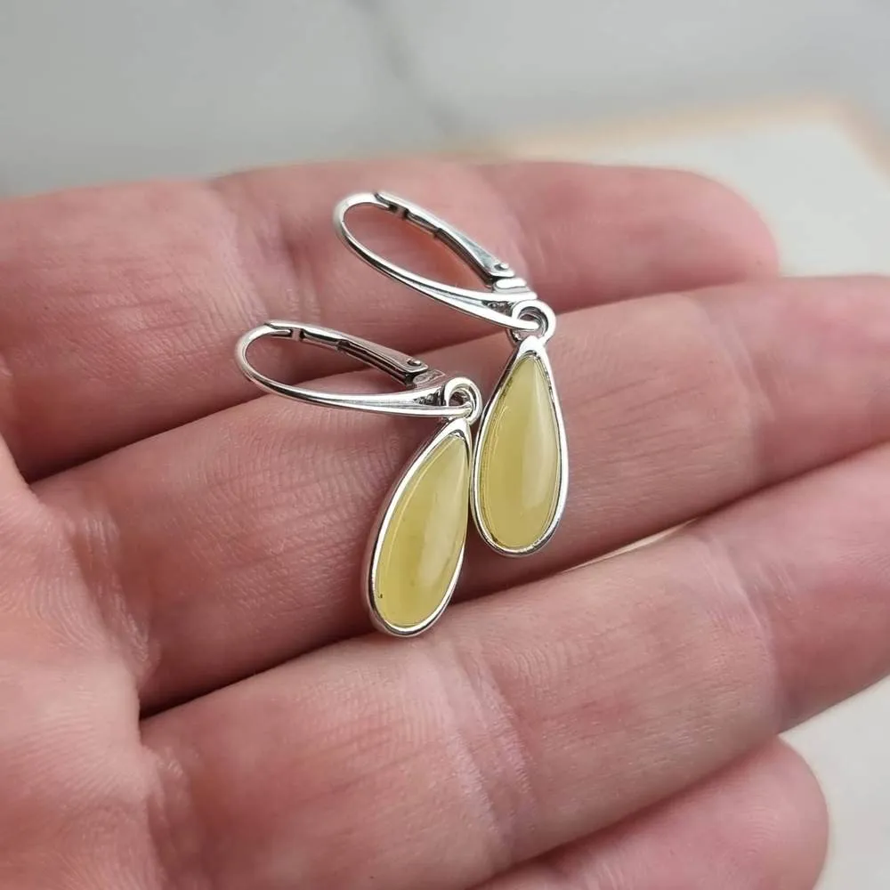 925 Sterling Silver & Baltic Amber Modern Teardrop Drop / Dangle Earrings - G030