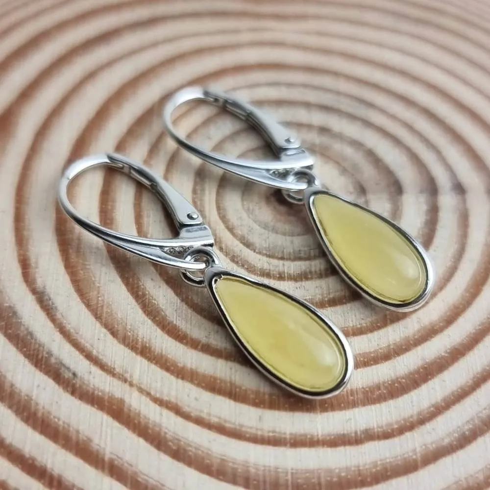 925 Sterling Silver & Baltic Amber Modern Teardrop Drop / Dangle Earrings - G030