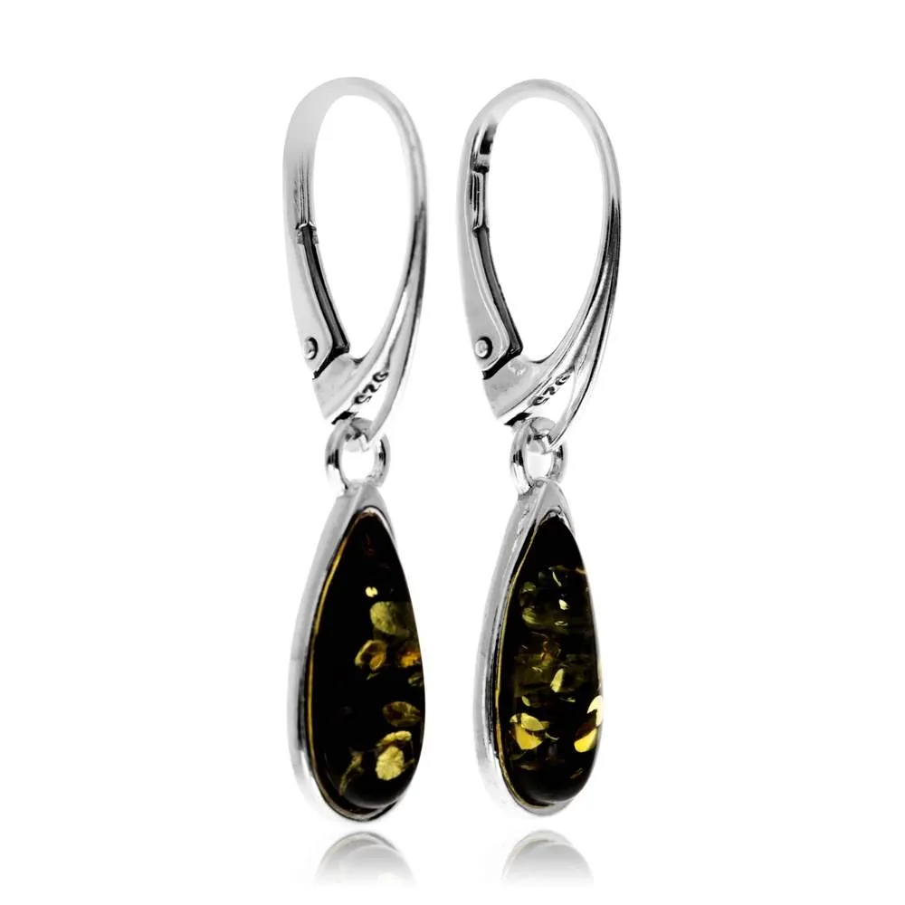 925 Sterling Silver & Baltic Amber Modern Teardrop Drop / Dangle Earrings - G030