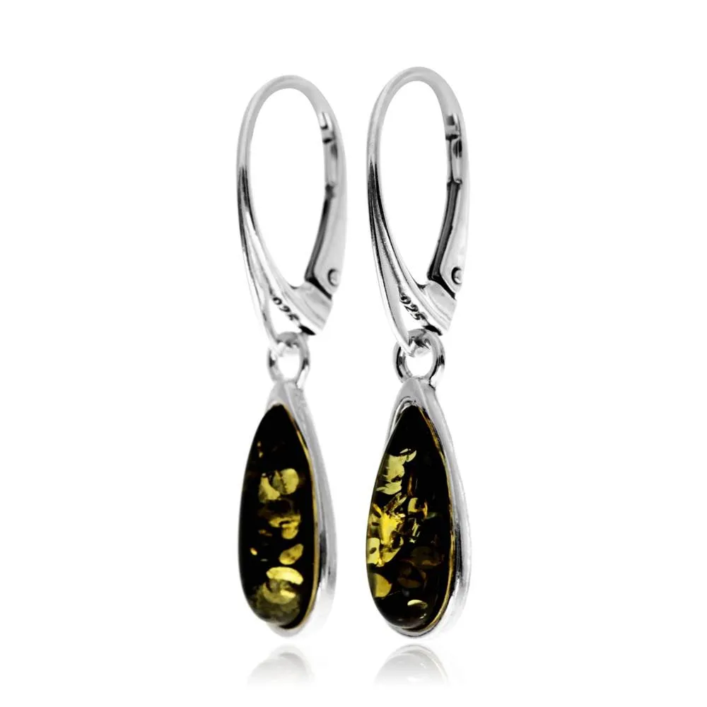 925 Sterling Silver & Baltic Amber Modern Teardrop Drop / Dangle Earrings - G030